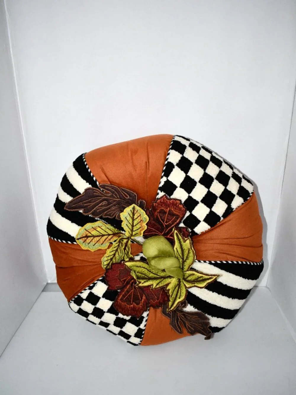 MacKenzie-Childs Harvest Check & Stripe Round Decorative Pillow #75759-1005 NWT